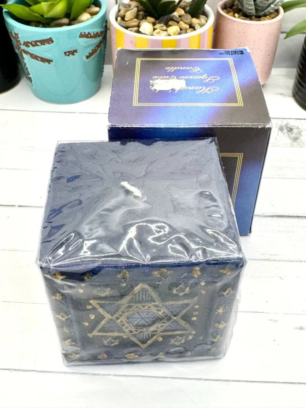 Hanukkah Square Cube Candle With Star Of David & Menorah Design